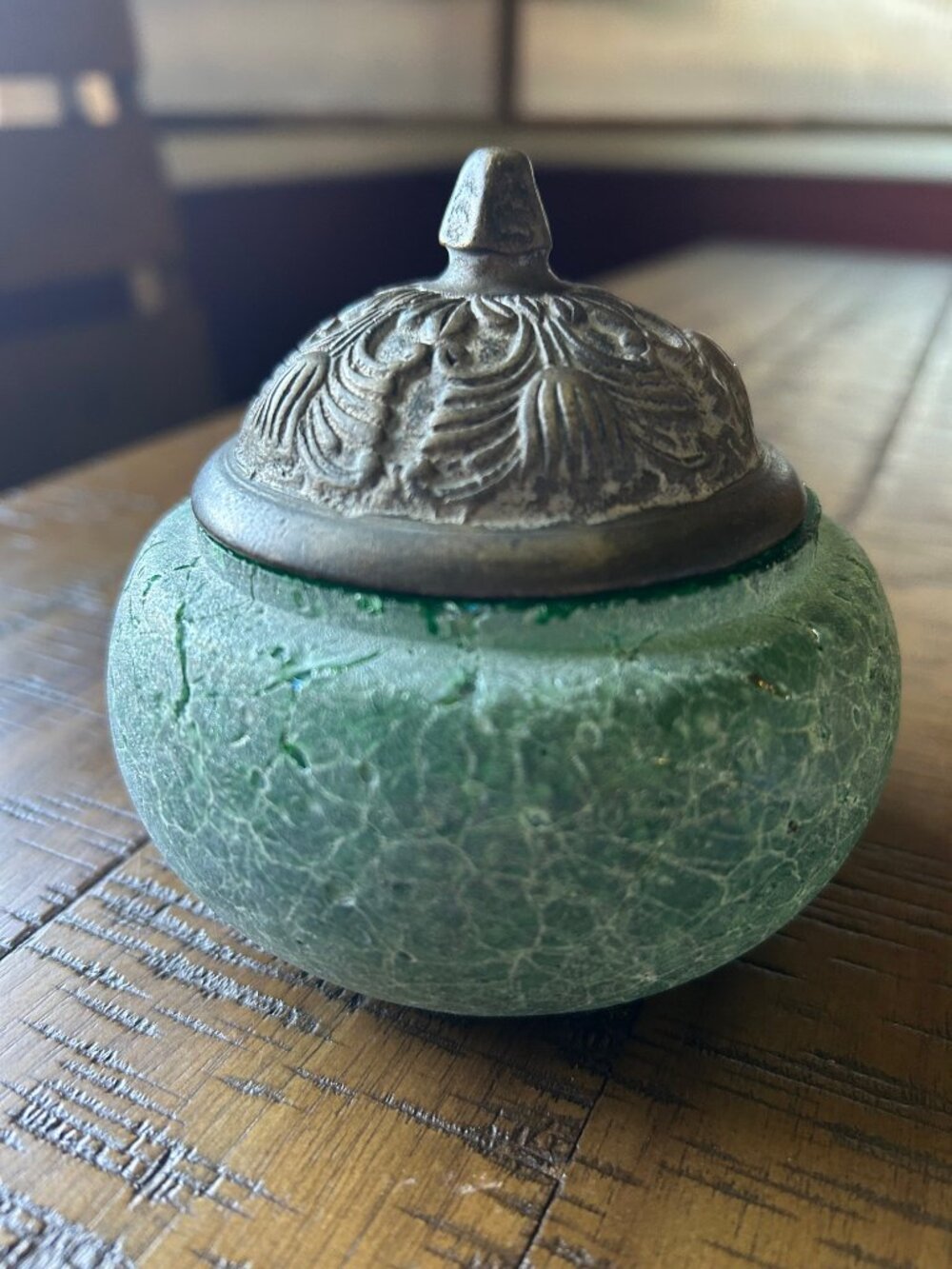 Vintage Silvestri  iridescent green crackle glass jar  w a decorative  brass met